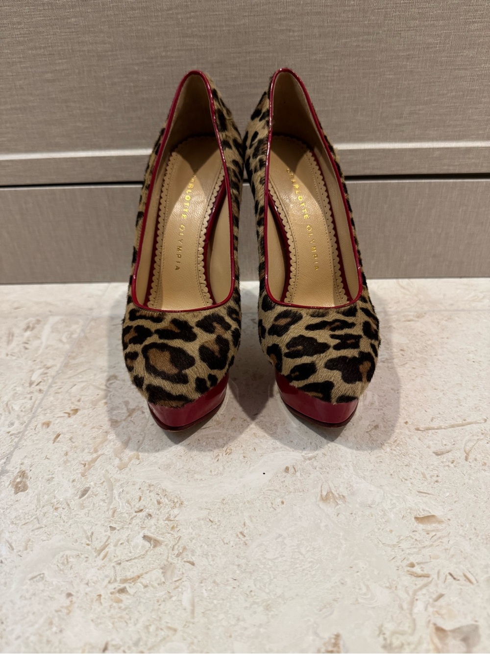 Charlotte Olympia Leopard-Print Platform Pumps with Red Trim